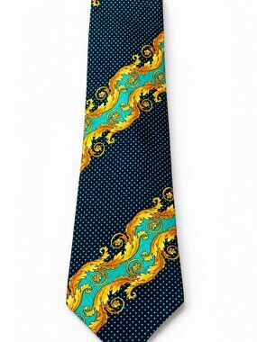 Gianni Versace Label Teal and Blue Scroll Silk Tie